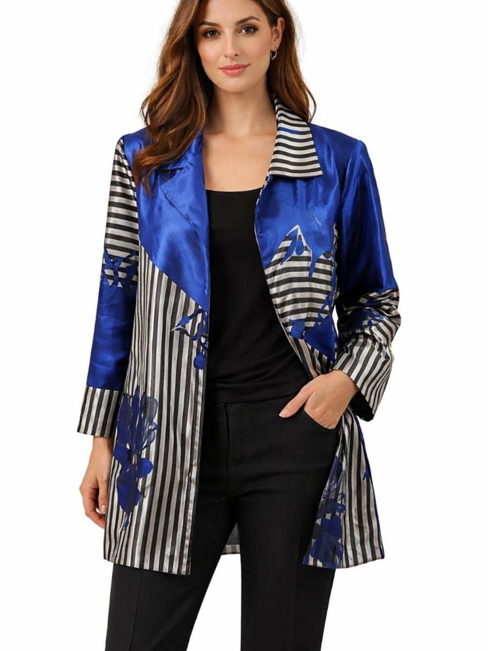 New IC By Connie K Jacket Size 3X Button Front Stripes Floral Blue Black Silver